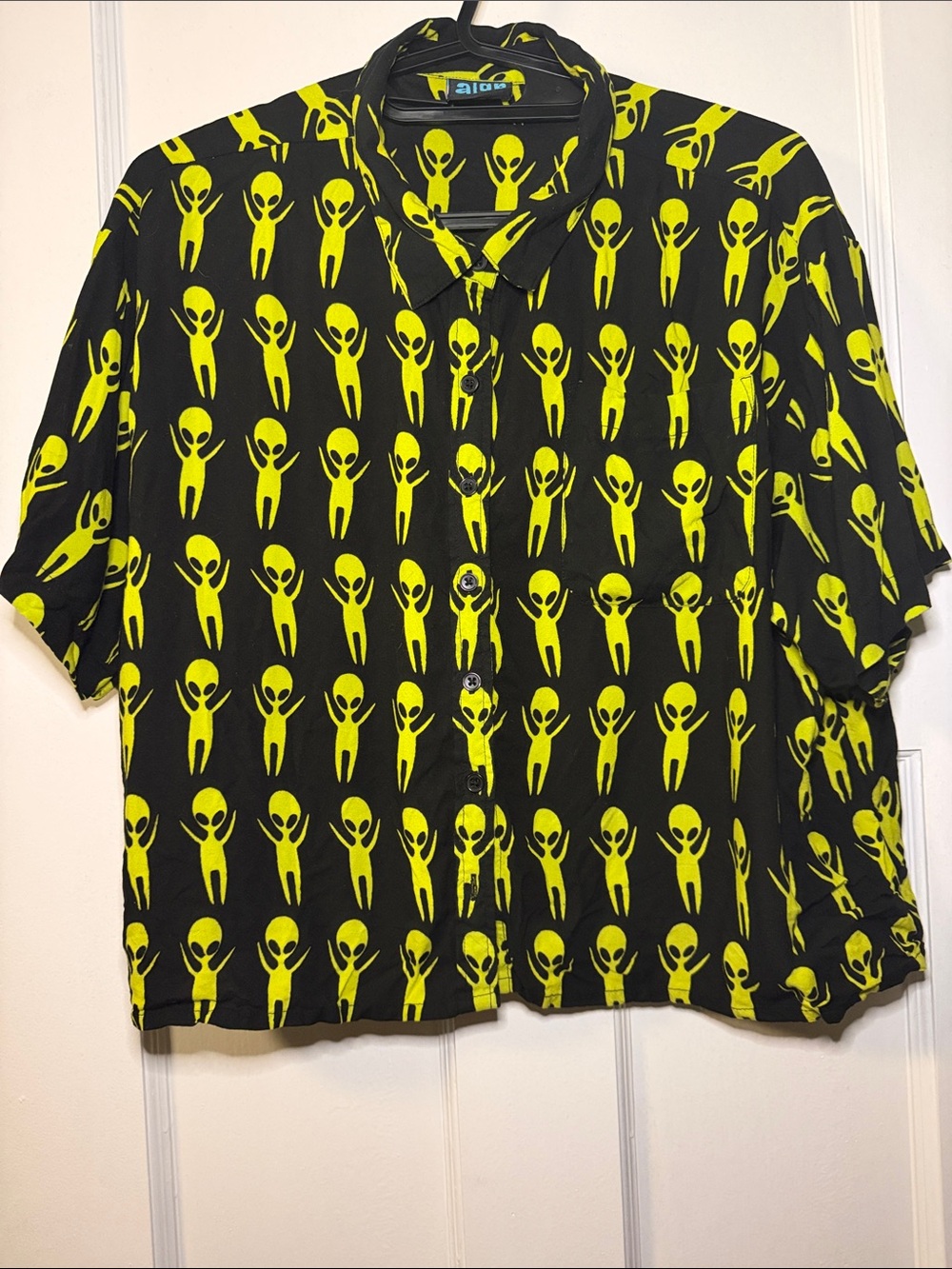 Alien Print Button-Down Shirt - Black & Neon Yellow